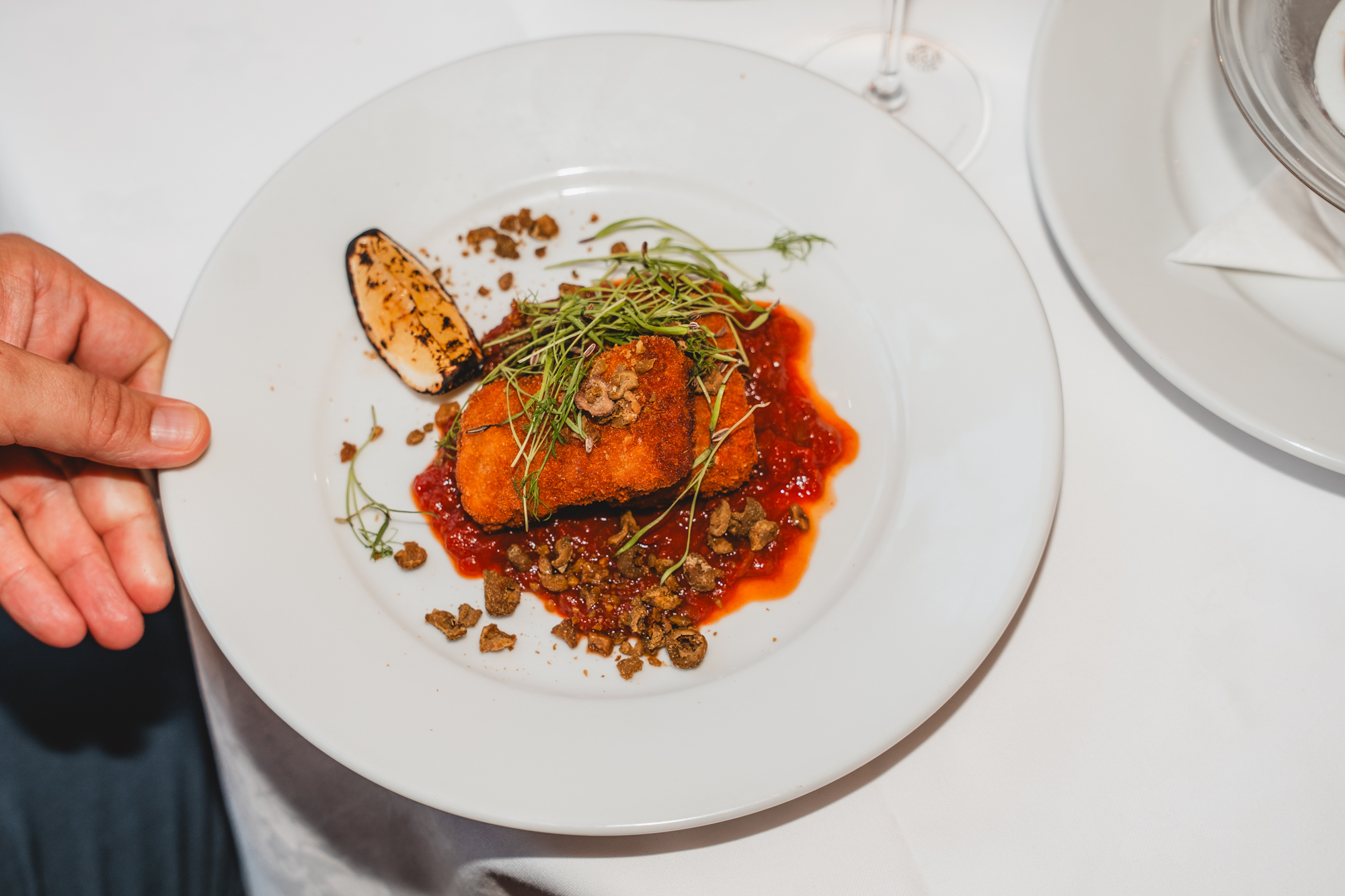 Octopus croquettes, tomato and guindilla chutney, green olive crumble